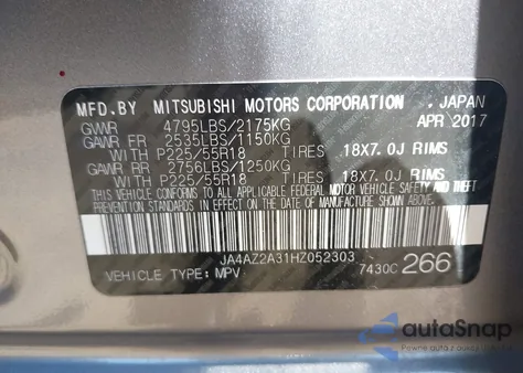 2017 Mitsubishi Outlander Es z USA, uszkodzony, nr VIN JA4AZ2A31HZ052303